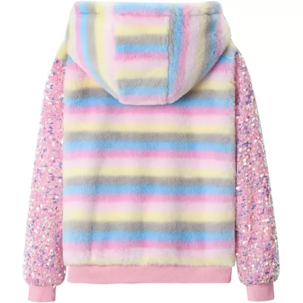 WELAKEN Girls Unicorn Fleece Fullzip Sequin Sleeves Jacket with Pocket for Toddler ampamp KidsHoodedpink stripes