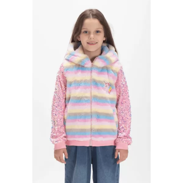 WELAKEN Girls Unicorn Fleece Fullzip Sequin Sleeves Jacket with Pocket for Toddler ampamp KidsHoodedpink stripes