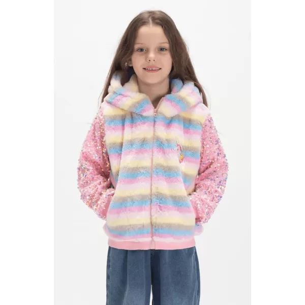 WELAKEN Girls Unicorn Fleece Fullzip Sequin Sleeves Jacket with Pocket for Toddler ampamp KidsHoodedpink stripes