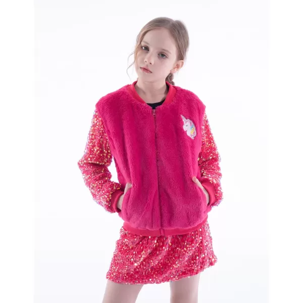 WELAKEN Girls Unicorn Fleece Fullzip Sequin Sleeves Jacket with Pocket for Toddler ampamp KidsHot Pink