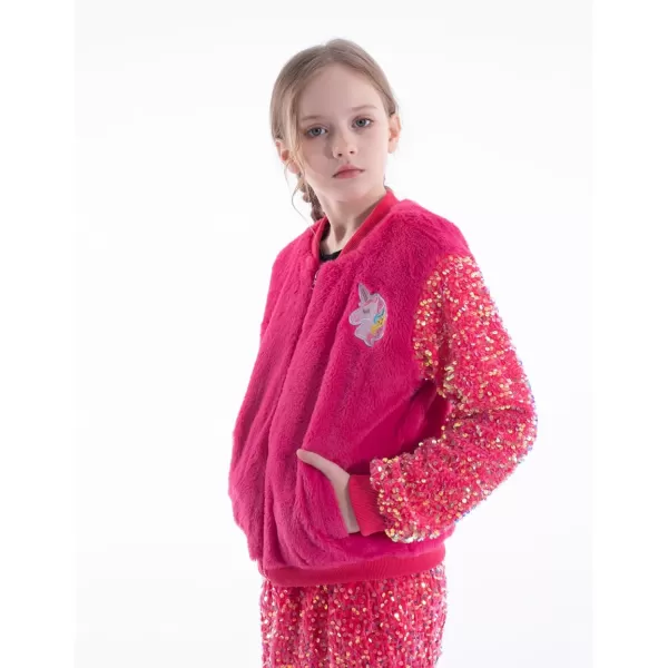 WELAKEN Girls Unicorn Fleece Fullzip Sequin Sleeves Jacket with Pocket for Toddler ampamp KidsHot Pink