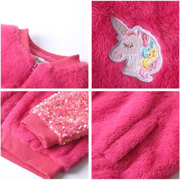 WELAKEN Girls Unicorn Fleece Fullzip Sequin Sleeves Jacket with Pocket for Toddler ampamp KidsHot Pink