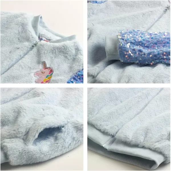 WELAKEN Girls Unicorn Fleece Fullzip Sequin Sleeves Jacket with Pocket for Toddler ampamp KidsLight Blue