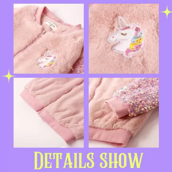 WELAKEN Girls Unicorn Fleece Fullzip Sequin Sleeves Jacket with Pocket for Toddler ampamp KidsPink