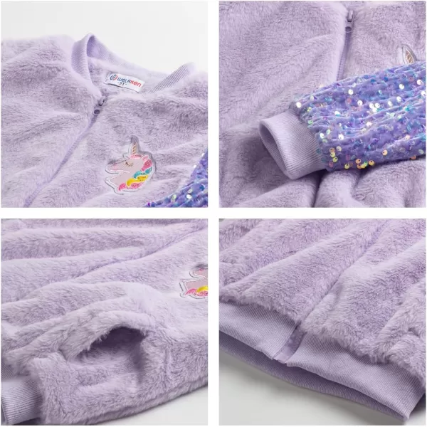WELAKEN Girls Unicorn Fleece Fullzip Sequin Sleeves Jacket with Pocket for Toddler ampamp KidsPurple