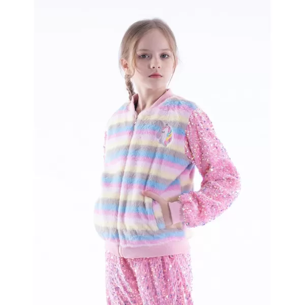 WELAKEN Girls Unicorn Fleece Fullzip Sequin Sleeves Jacket with Pocket for Toddler ampamp KidsStripes
