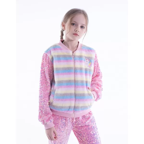 WELAKEN Girls Unicorn Fleece Fullzip Sequin Sleeves Jacket with Pocket for Toddler ampamp KidsStripes