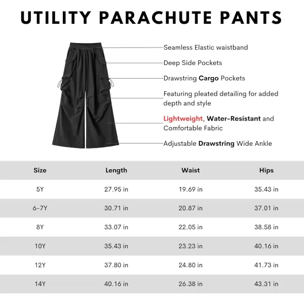 WELAKEN Lightweight Baggy Cargo Pants for Girls Toddler ampamp Kids WaterResistant Utility Parachute Pants with PocketsBlack