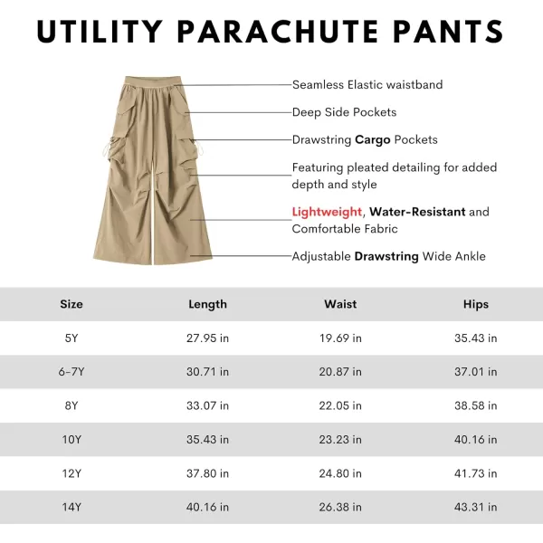 WELAKEN Lightweight Baggy Cargo Pants for Girls Toddler ampamp Kids WaterResistant Utility Parachute Pants with PocketsSand Brown