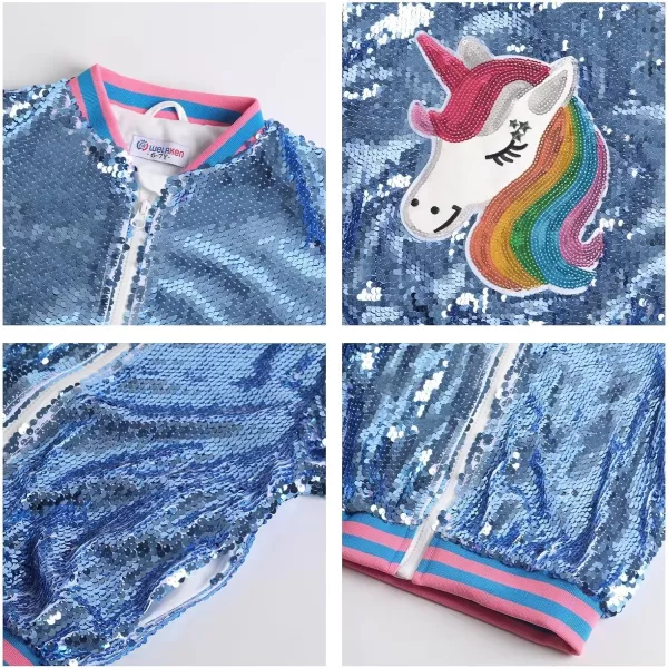 WELAKEN Unicorn Sequin Jacket for Girls Kids Toddler Sparkle Zipper Bomber Jacket with PocketsBlue