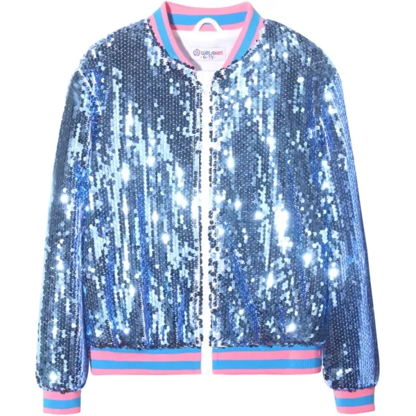 WELAKEN Unicorn Sequin Jacket for Girls Kids Toddler Sparkle Zipper Bomber Jacket with PocketsBlue