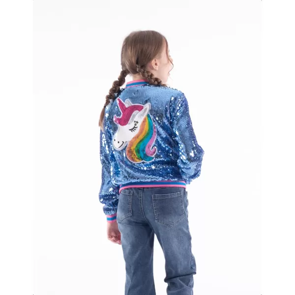 WELAKEN Unicorn Sequin Jacket for Girls Kids Toddler Sparkle Zipper Bomber Jacket with PocketsBlue
