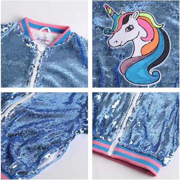 WELAKEN Unicorn Sequin Jacket for Girls Kids Toddler Sparkle Zipper Bomber Jacket with PocketsBlue unicorn