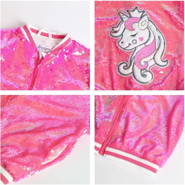 WELAKEN Unicorn Sequin Jacket for Girls Kids Toddler Sparkle Zipper Bomber Jacket with PocketsHot Pink