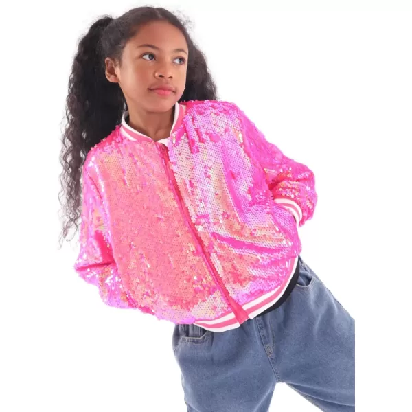 WELAKEN Unicorn Sequin Jacket for Girls Kids Toddler Sparkle Zipper Bomber Jacket with PocketsHot Pink