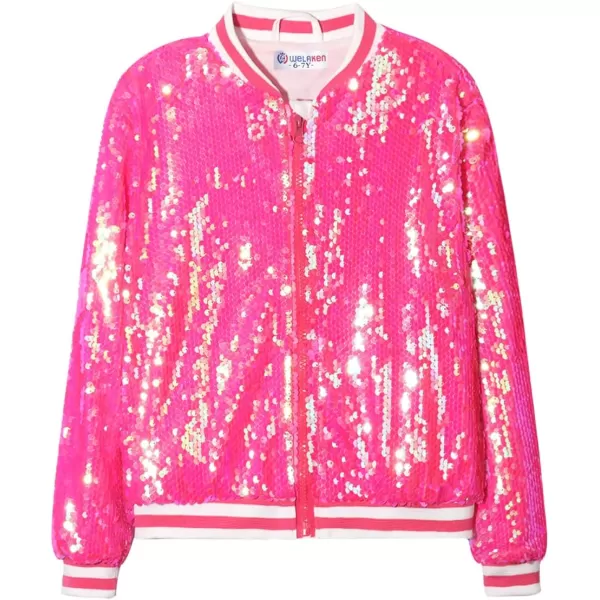 WELAKEN Unicorn Sequin Jacket for Girls Kids Toddler Sparkle Zipper Bomber Jacket with PocketsHot Pink