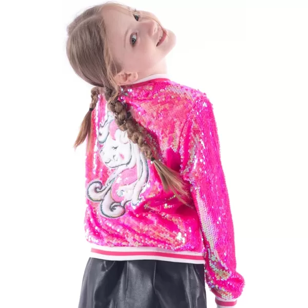 WELAKEN Unicorn Sequin Jacket for Girls Kids Toddler Sparkle Zipper Bomber Jacket with PocketsHot Pink