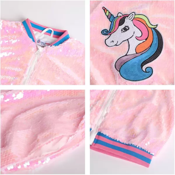 WELAKEN Unicorn Sequin Jacket for Girls Kids Toddler Sparkle Zipper Bomber Jacket with PocketsPink