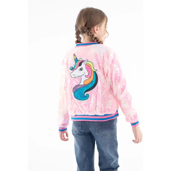 WELAKEN Unicorn Sequin Jacket for Girls Kids Toddler Sparkle Zipper Bomber Jacket with PocketsPink