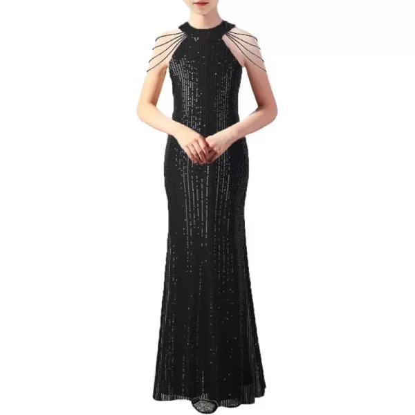Girls Sequin Dress Halter Neck HandBeaded Tassel Elegant Birthday Wedding Party Maxi DressesBlack
