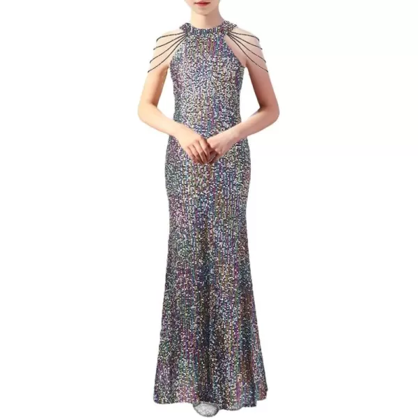 Girls Sequin Dress Halter Neck HandBeaded Tassel Elegant Birthday Wedding Party Maxi DressesBlack Iridescence