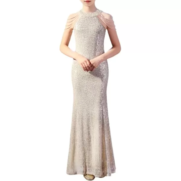 Girls Sequin Dress Halter Neck HandBeaded Tassel Elegant Birthday Wedding Party Maxi DressesChampagne