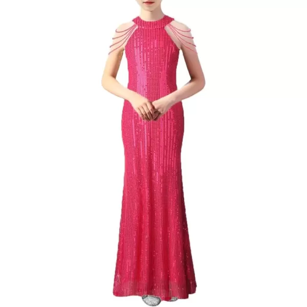 Girls Sequin Dress Halter Neck HandBeaded Tassel Elegant Birthday Wedding Party Maxi DressesHot Pink
