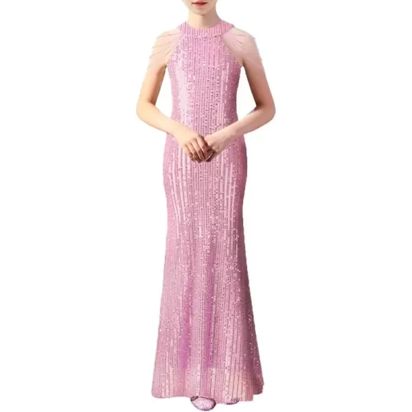 Girls Sequin Dress Halter Neck HandBeaded Tassel Elegant Birthday Wedding Party Maxi DressesPink
