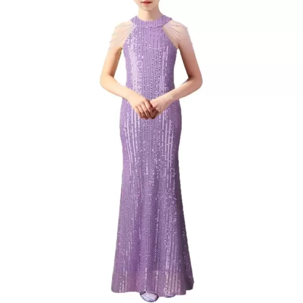 Girls Sequin Dress Halter Neck HandBeaded Tassel Elegant Birthday Wedding Party Maxi DressesPurple