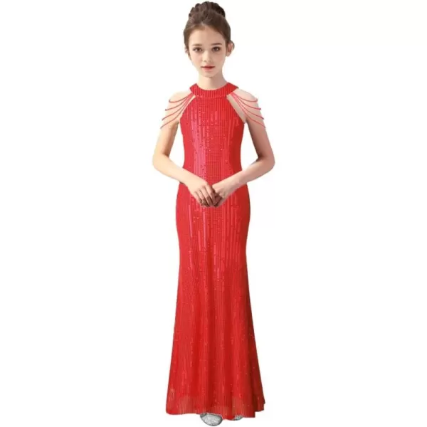 Girls Sequin Dress Halter Neck HandBeaded Tassel Elegant Birthday Wedding Party Maxi DressesRed