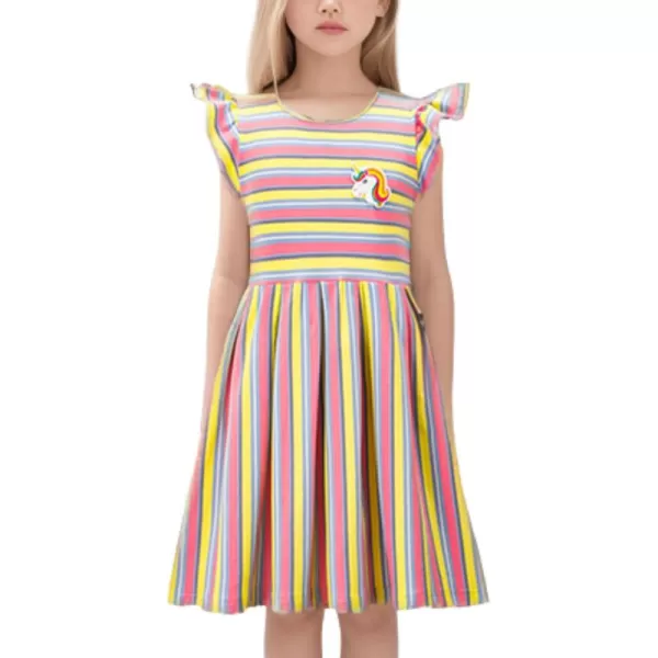 Girls Striped Dress Unicorn Ruffle Sleeveless Casual Dresses SundressGreen rainbow