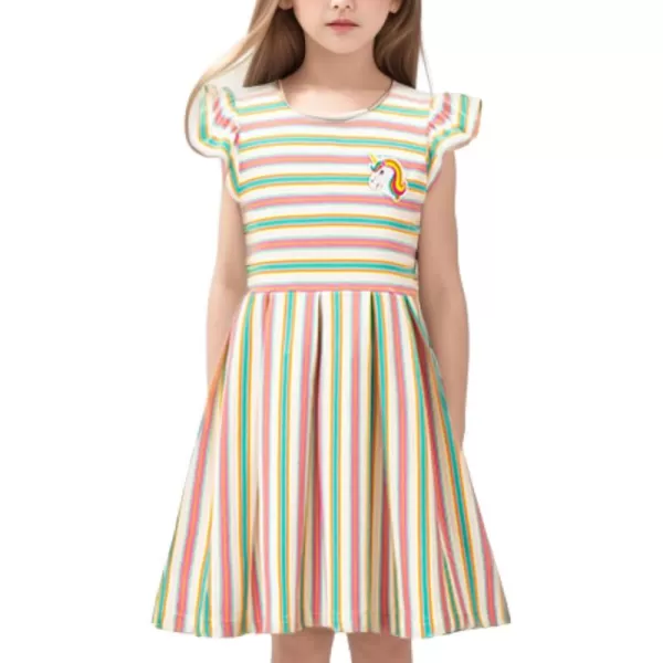 Girls Striped Dress Unicorn Ruffle Sleeveless Casual Dresses SundressPink rainbow