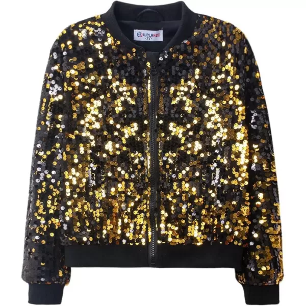 WELAKEN Girls Ombre Sequin Bomber Jacket with Pockets Lightweight Sparkle Long Sleeve Zipper Gradient Jackets for KidBlack gold