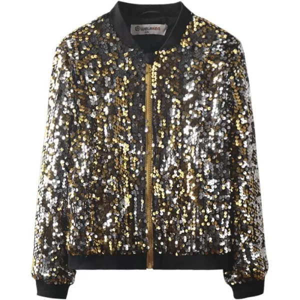 WELAKEN Girls Ombre Sequin Bomber Jacket with Pockets Lightweight Sparkle Long Sleeve Zipper Gradient Jackets for KidFlip gold to Silver