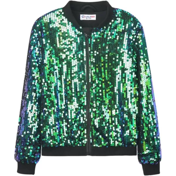 WELAKEN Girls Ombre Sequin Bomber Jacket with Pockets Lightweight Sparkle Long Sleeve Zipper Gradient Jackets for KidHolographic green