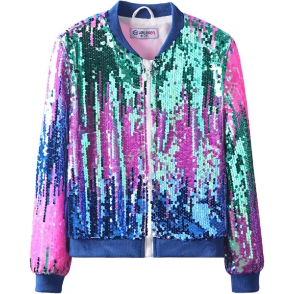 WELAKEN Girls Ombre Sequin Bomber Jacket with Pockets Lightweight Sparkle Long Sleeve Zipper Gradient Jackets for KidOmbre  Blue pink
