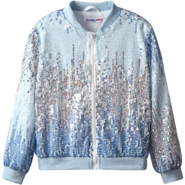WELAKEN Girls Ombre Sequin Bomber Jacket with Pockets Lightweight Sparkle Long Sleeve Zipper Gradient Jackets for KidOmbre  Blue silvery