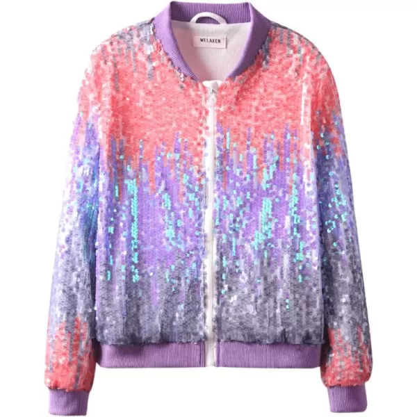 WELAKEN Girls Ombre Sequin Bomber Jacket with Pockets Lightweight Sparkle Long Sleeve Zipper Gradient Jackets for KidOmbre  Pink purple
