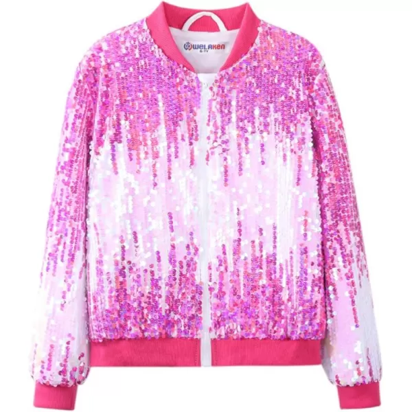 WELAKEN Girls Ombre Sequin Bomber Jacket with Pockets Lightweight Sparkle Long Sleeve Zipper Gradient Jackets for KidOmbre  Pink white