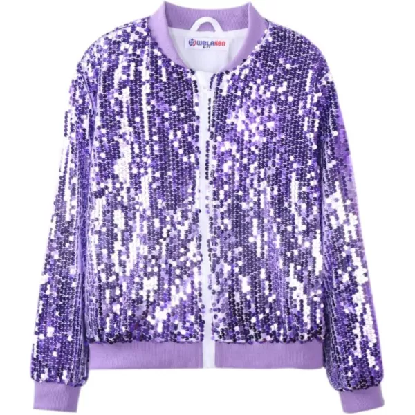 WELAKEN Girls Ombre Sequin Bomber Jacket with Pockets Lightweight Sparkle Long Sleeve Zipper Gradient Jackets for KidOmbre  Purple