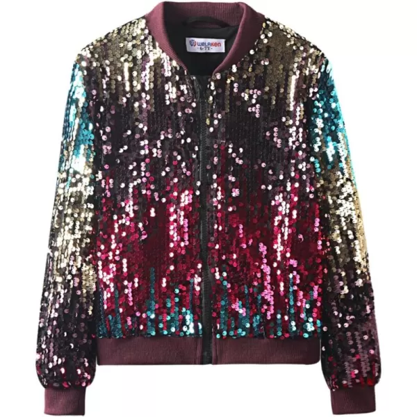 WELAKEN Girls Ombre Sequin Bomber Jacket with Pockets Lightweight Sparkle Long Sleeve Zipper Gradient Jackets for KidOmbre  Purple Brown red