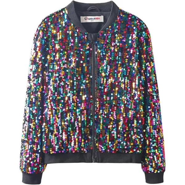 WELAKEN Girls Ombre Sequin Bomber Jacket with Pockets Lightweight Sparkle Long Sleeve Zipper Gradient Jackets for KidRainbow
