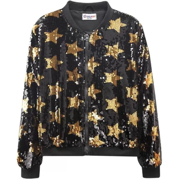 WELAKEN Girls Ombre Sequin Bomber Jacket with Pockets Lightweight Sparkle Long Sleeve Zipper Gradient Jackets for KidStar black