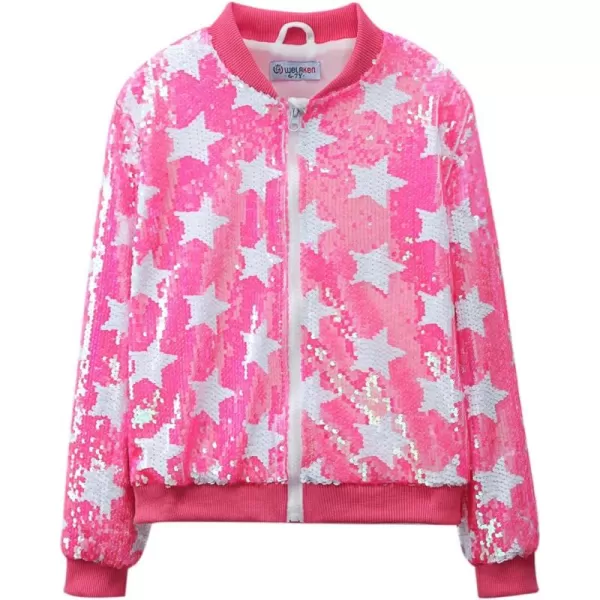WELAKEN Girls Ombre Sequin Bomber Jacket with Pockets Lightweight Sparkle Long Sleeve Zipper Gradient Jackets for KidStar light Pink
