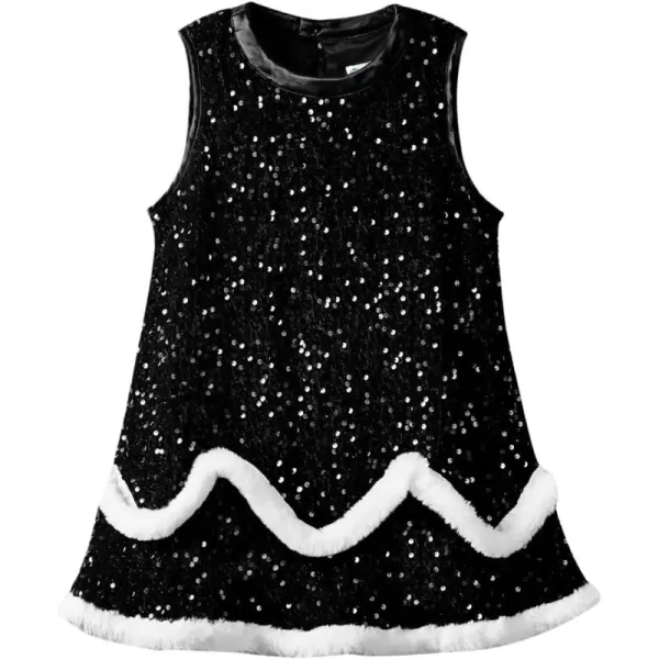 WELAKEN Girls Sequin Dress ALine Sleeveless Sparkly Gown Party Dresses with Faux Fur TrimWblack sequin