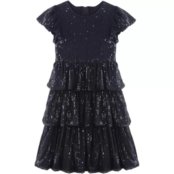 WELAKEN Girls Sequin Dress Glittering Flutter Sleeve Tiered Layer Birthday Party DressesBlack