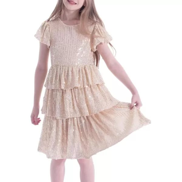 WELAKEN Girls Sequin Dress Glittering Flutter Sleeve Tiered Layer Birthday Party DressesGold