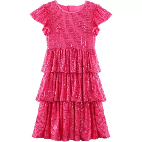 WELAKEN Girls Sequin Dress Glittering Flutter Sleeve Tiered Layer Birthday Party DressesHot Pink