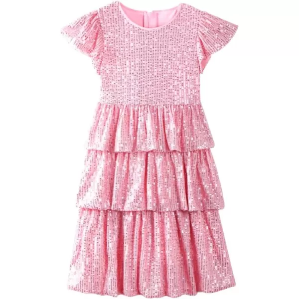 WELAKEN Girls Sequin Dress Glittering Flutter Sleeve Tiered Layer Birthday Party DressesPink