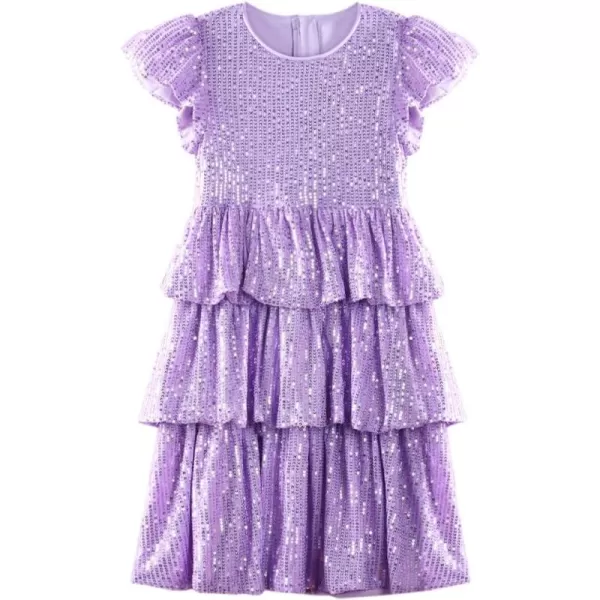 WELAKEN Girls Sequin Dress Glittering Flutter Sleeve Tiered Layer Birthday Party DressesPurple